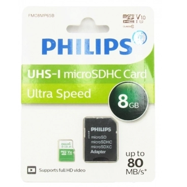  کارت حافظه MicroSDHC فیلیپس مدل Ultra Speed استاندارد UHS-I U1 سرعت 80MB/s ظرفیت 8 گیگابایت به همراه آداپتور