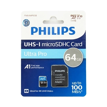 کارت حافظه MicroSDHC فیلیپس مدل Ultra Pro کلاس 10 سرعت 100MBps ظرفیت 64 گیگابایت به همراه آداپتور -مشکی