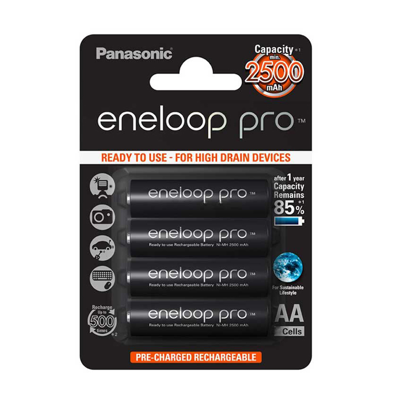 باتری قلمی قابل شارژ پاناسونیک مدل Eneloop Pro BK-3HDE-2BE بسته 4 عددی