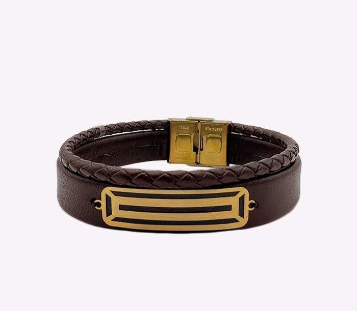 دستبند چرم طلا 18عیار طرح مستطیلی سه لاین