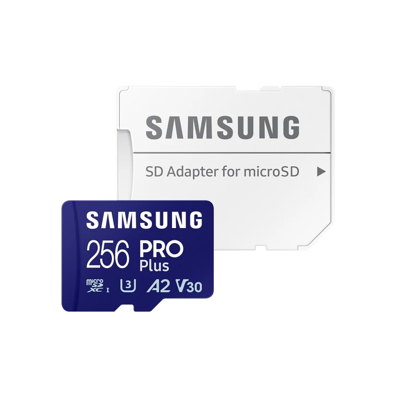 کارت حافظه MicroSDXC سامسونگ مدل Samsung PRO PLUS UHS-I U3 A2 V30 ظرفیت 256 گیگابایت به همراه آداپتور SD-آبی