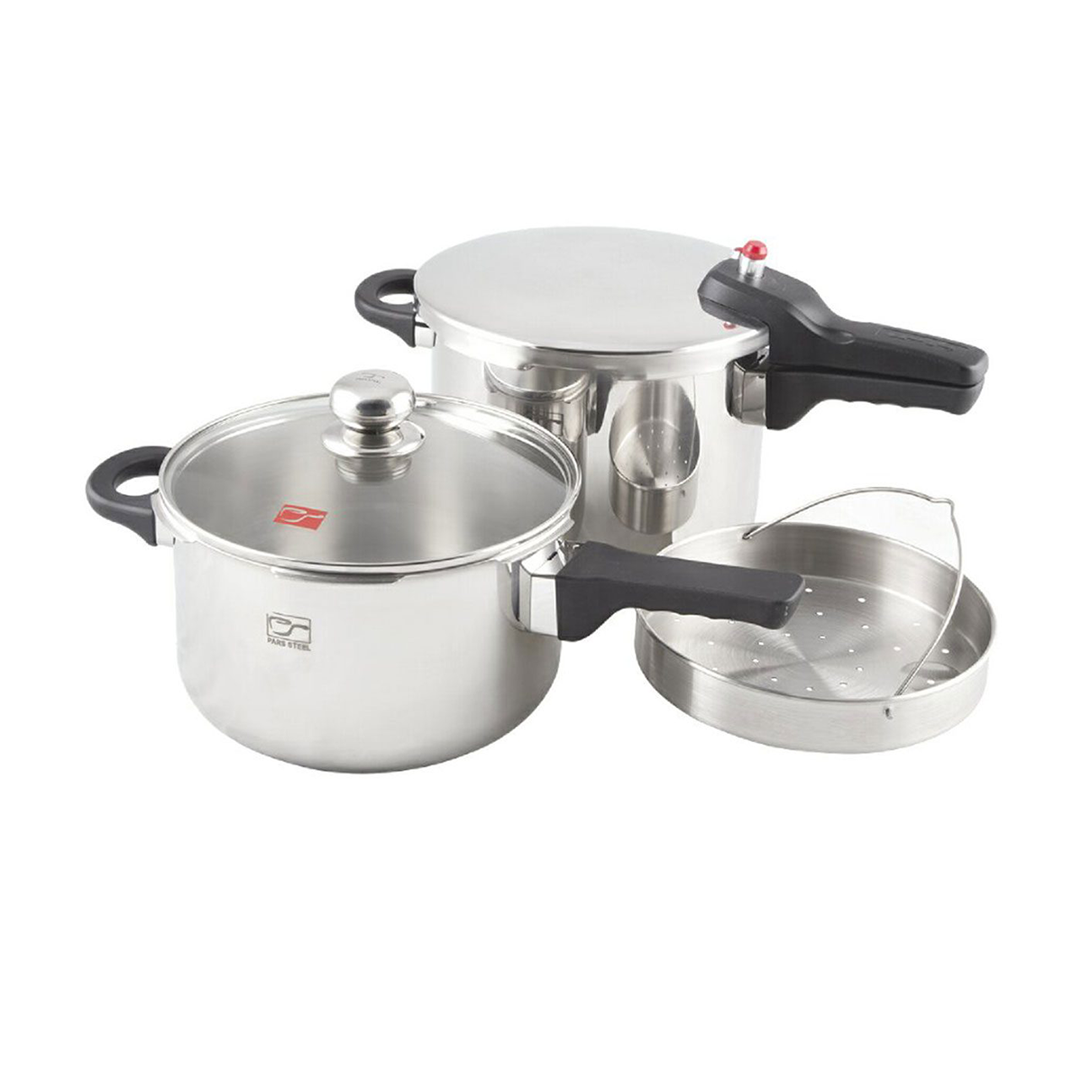 زودپز دوقلو 4/5 و 6 لیتری پارس استیل به همراه درب پیرکس و سبد بخارپز-استیل