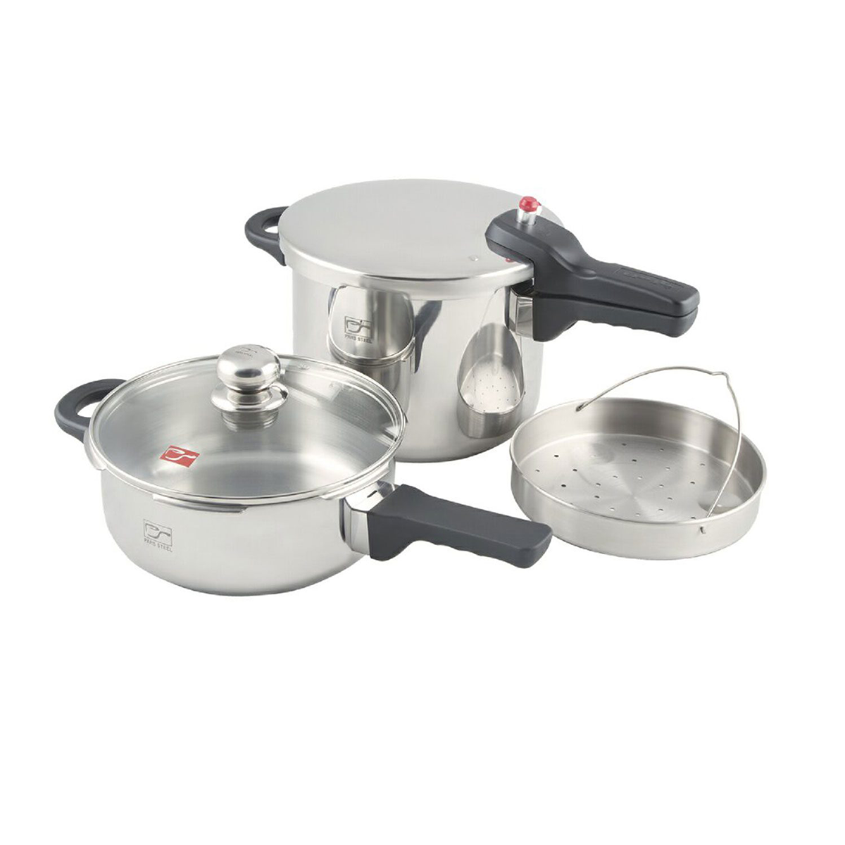 زودپز دوقلو 3 و 6 لیتری پارس استیل به همراه درب پیرکس و سبد بخارپز-استیل