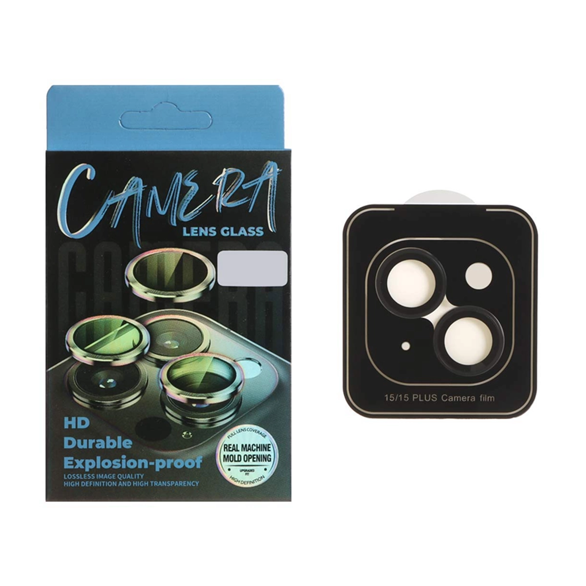 محافظ لنز دوربین گوشی اپل iphone 15 لنز گلس مدل رینگی اورجینال شابلون دار-مشکی