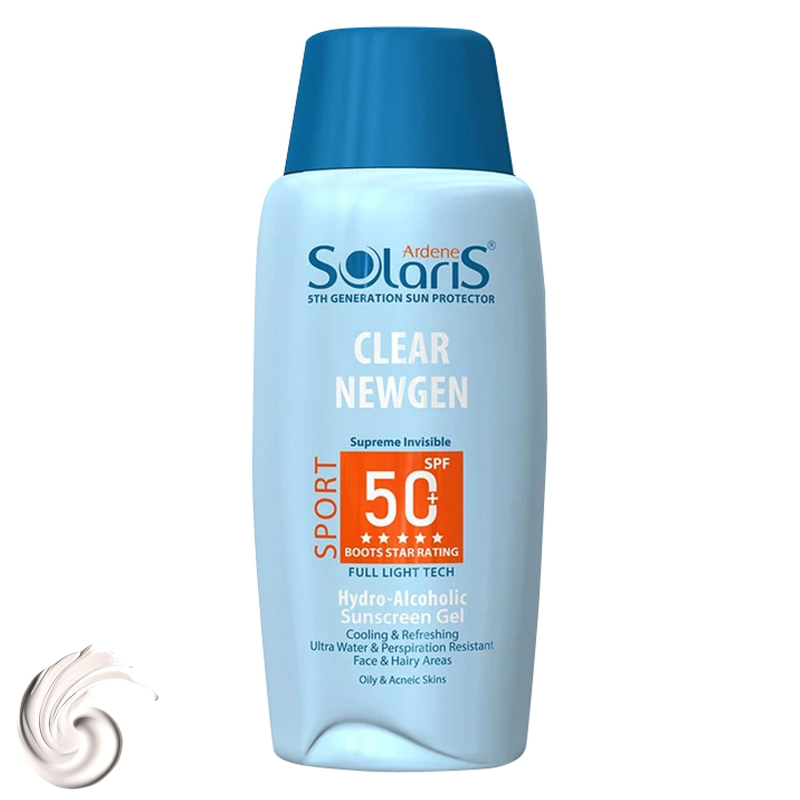 ژل ضدآفتاب بی رنگ آردن سولاریس SPF50 مدل Clear Newgen مناسب پوست های چرب حجم 100 میلی لیتر-