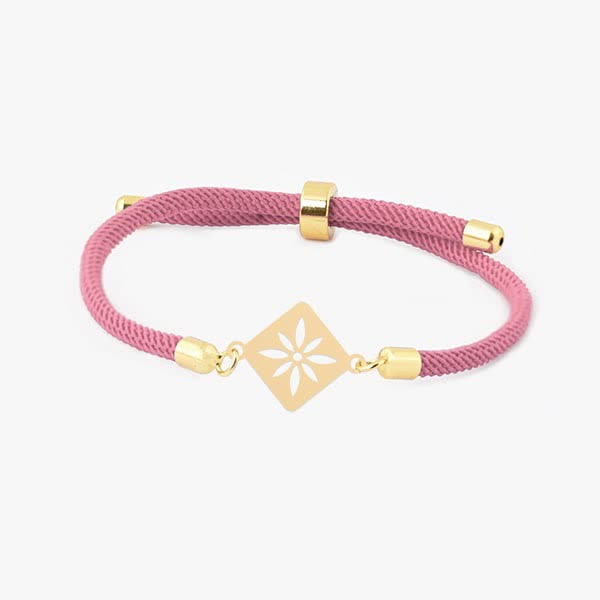 دستبند طلا 18 عیار زنانه شمیم گلد گالری مدل آسانسوری پلاک دار طرح گلبرگ رنگ صورتی