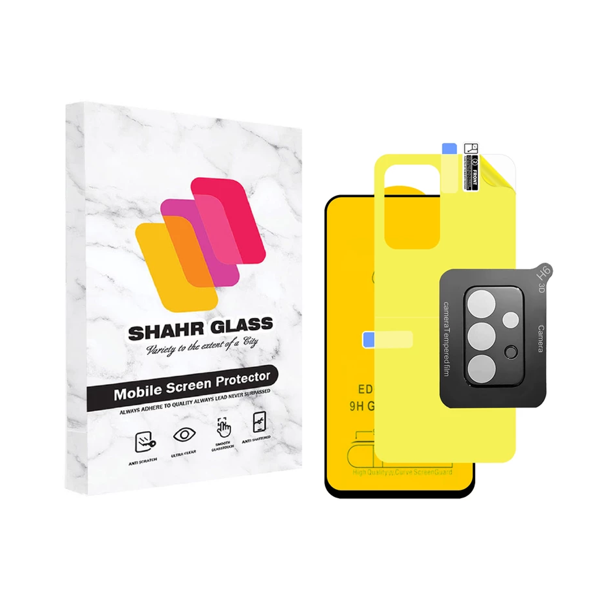  گلس گوشی سامسونگ Galaxy A72 شهر گلس مدل 3FNF به همراه محافظ لنز دوربین و محافظ پشت گوشی-مشکی