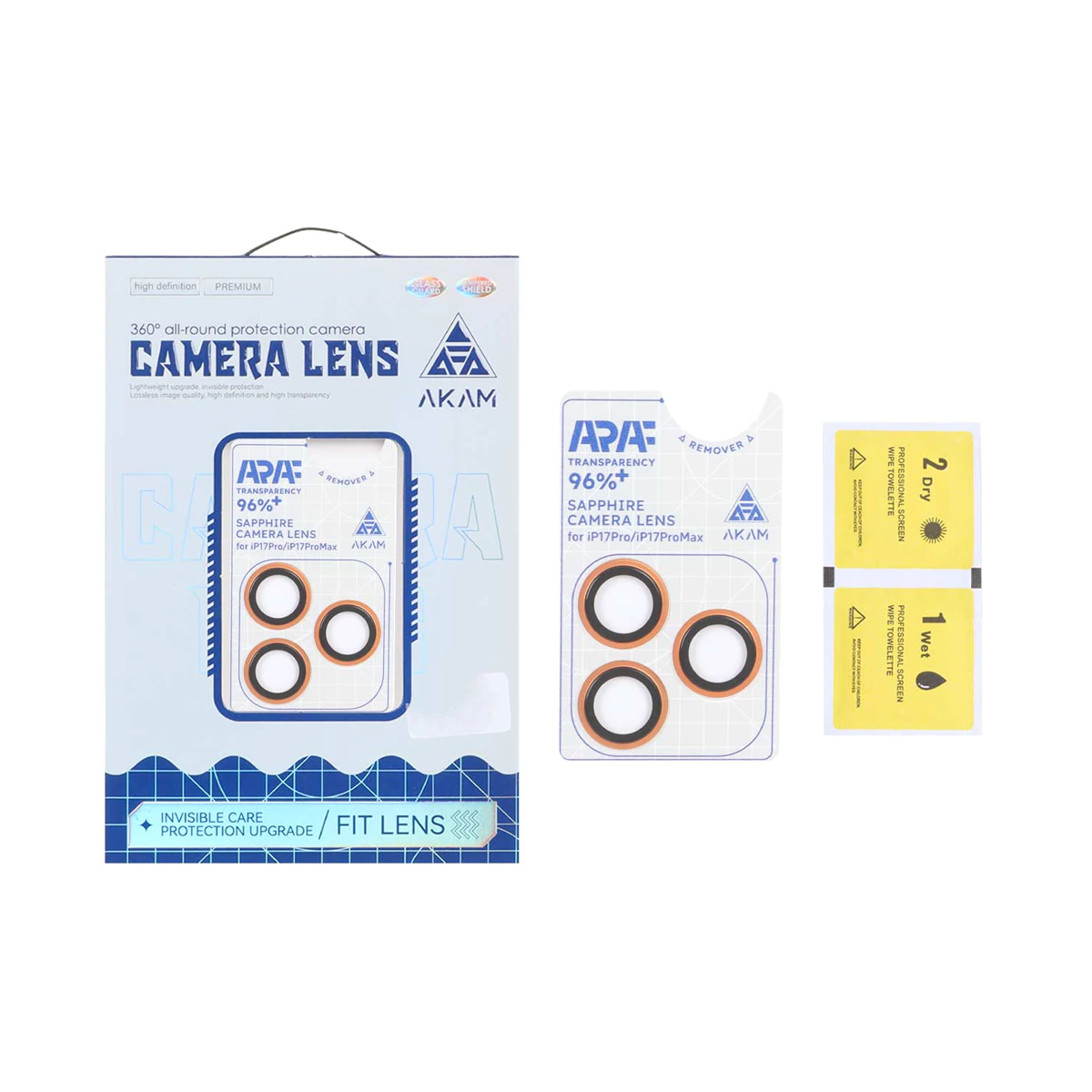 محافظ لنز دوربین گوشی اپل iPhone 17 Pro Max / iPhone 17 Pro آکام مدل رینگی شابلون دار-نارنجی