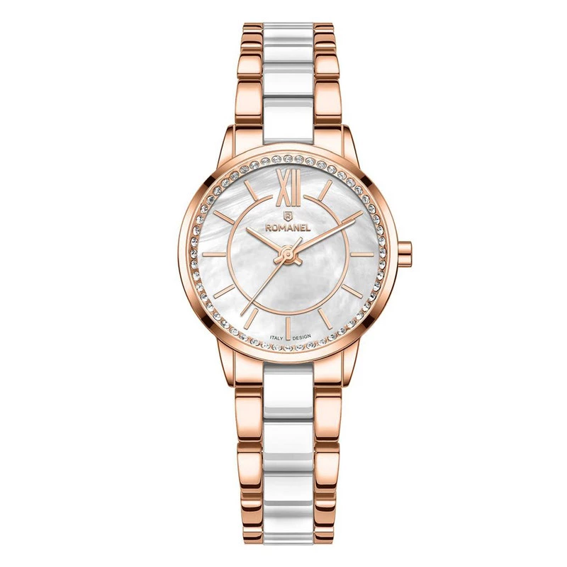 ساعت مچی عقربه ای کوارتز زنانه رومانل مدل RM305001L-E-بدنه رزگلد بند سفید زرگلد