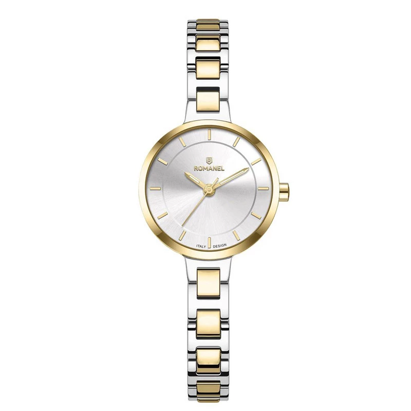 ساعت مچی عقربهای کوارتز زنانه رومانل مدل RM401001L-H-بدنه نقره ای و طلایی بند نقره ای و طلایی