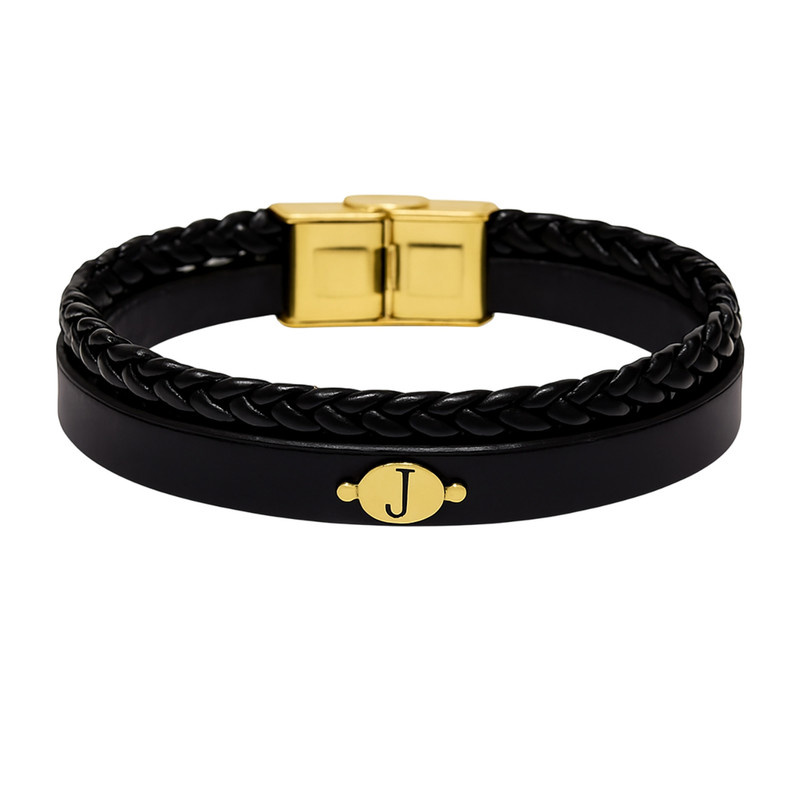 دستبند طلا 18 عیار مردانه با بند چرمی گالری قو طلایی مدل حرف J در دایره دستبند طلا 18 عیار مردانه با بند چرمی گالری قو طلایی مدل حرف J در دایره