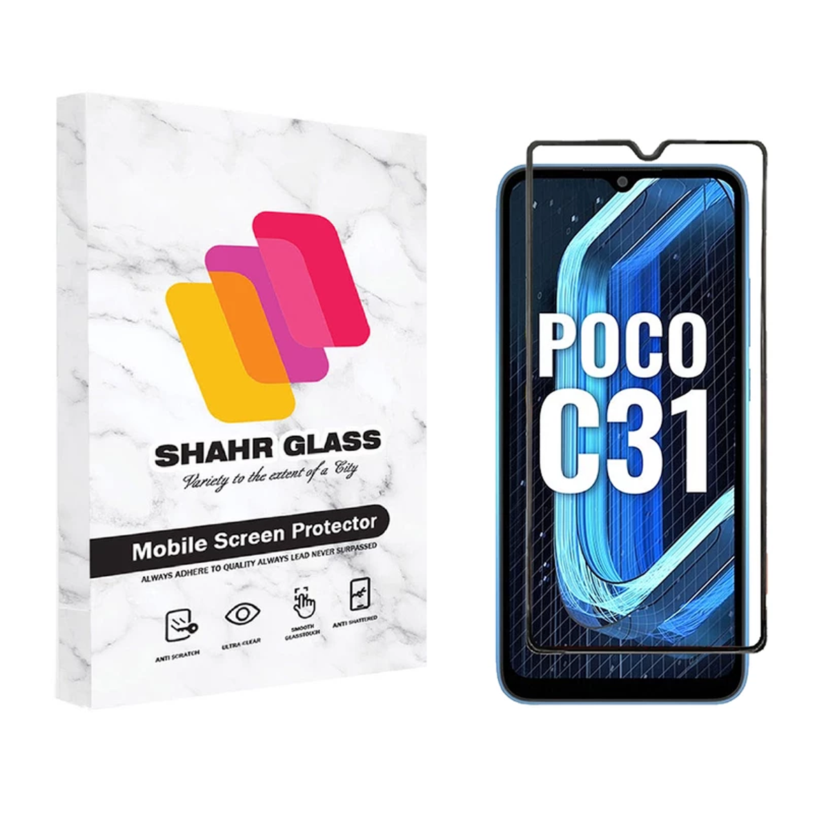 گلس گوشی پوکو C31 شهر گلس مدل WEVA-مشکی گلس گوشی پوکو C31 شهر گلس مدل WEVA-مشکی