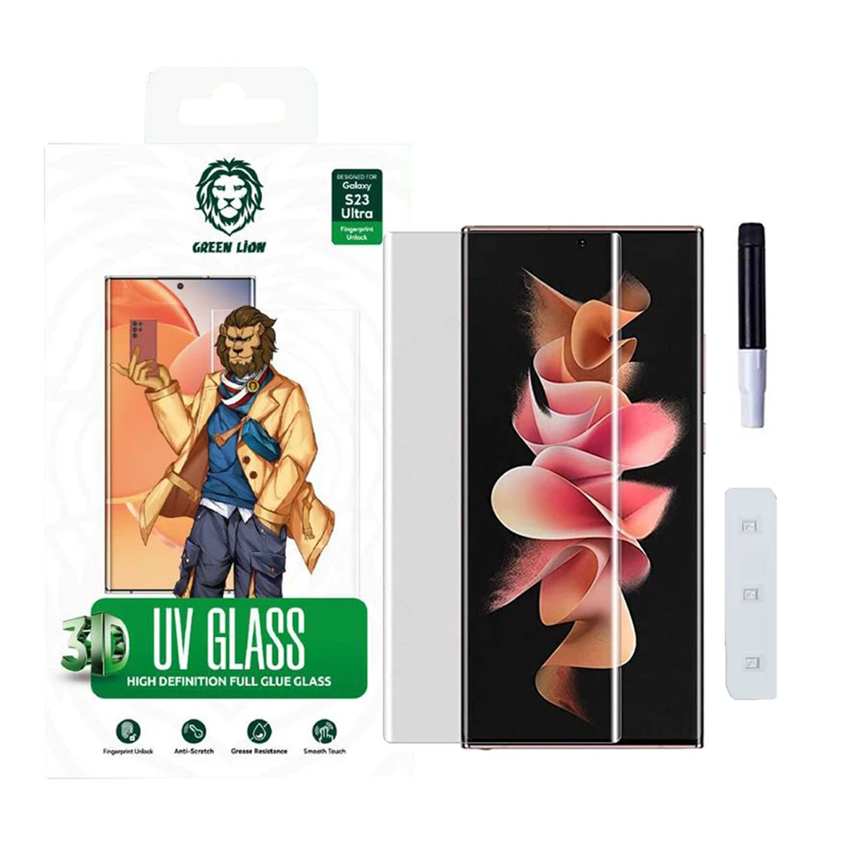 گلس گوشی سامسونگ Galaxy S23 Ultra گرین لاین مدل 3D UV-GLASS-بی رنگ