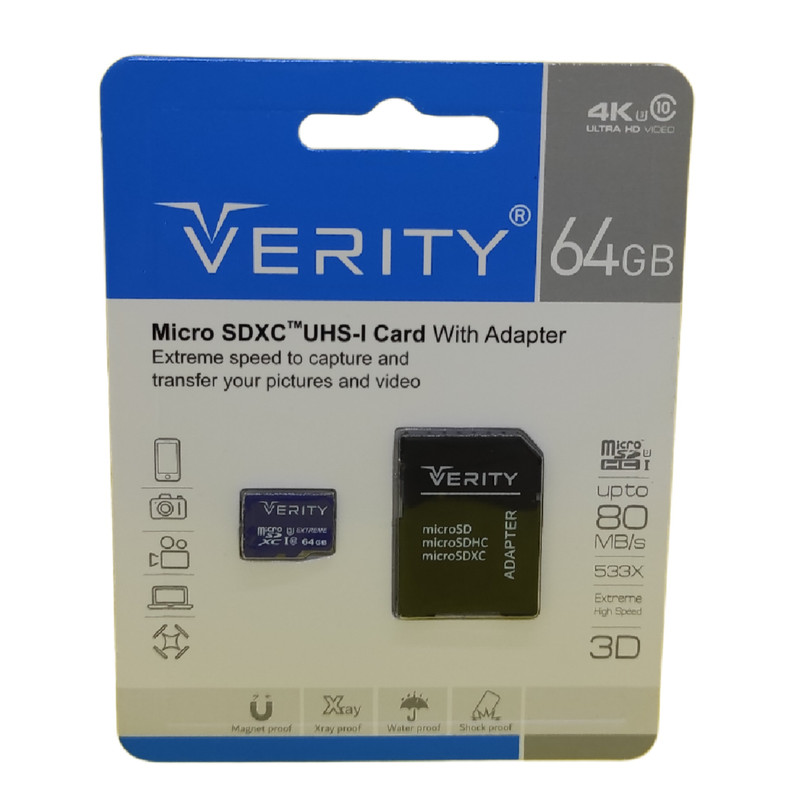 کارت حافظه microSDXC وریتی مدل Final 533X کلاس 10 استاندارد UHS-I U3 سرعت 80MBps ظرفیت 64 گیگابایت به همراه آداپتور SD کارت حافظه microSDXC وریتی مدل Final 533X کلاس 10 استاندارد UHS-I U3 سرعت 80MBps ظرفیت 64 گیگابایت به همراه آداپتور SD