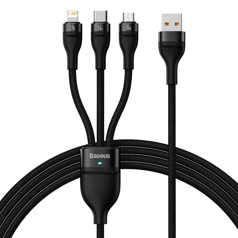 کابل تبدیل USB به MicroUSB/USB-C/لایتنینگ بیسوس مدل CB0029 66W طول 1.2 متر