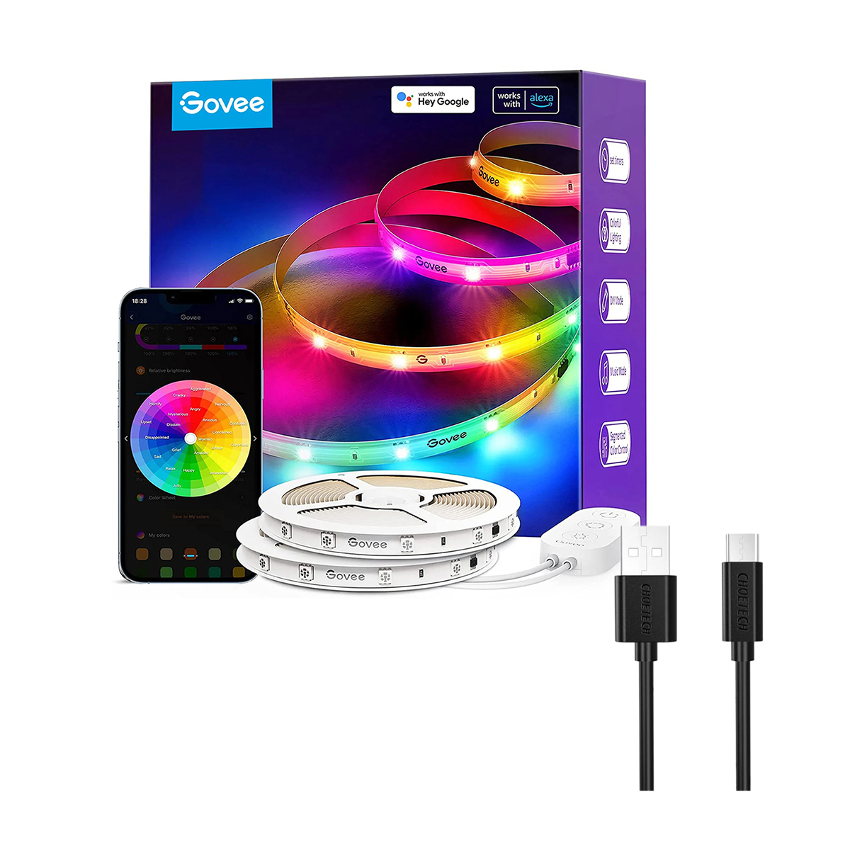 ریسه هوشمند گووی مدل RGBIC Basic Wi-Fi Bluetooth LED Strip Lights H618A طول 5 متر همراه با کابل چویتک