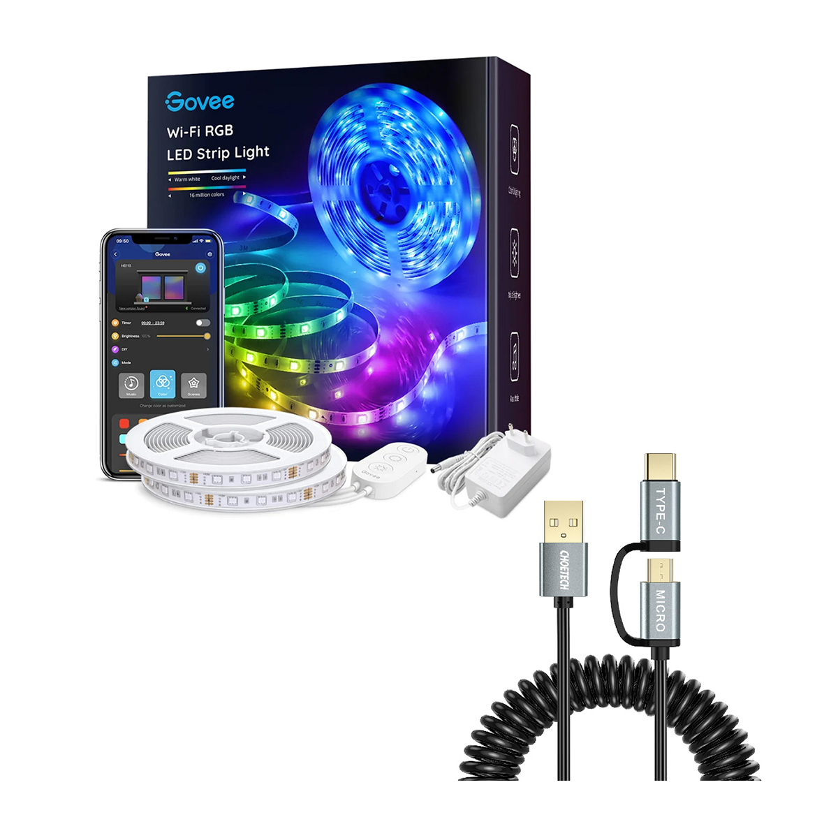 ریسه هوشمند گووی مدل RGB Smart Wi-Fi Bluetooth LED Strip Lights H6110 طول 10 متر همراه با کابل چویتک