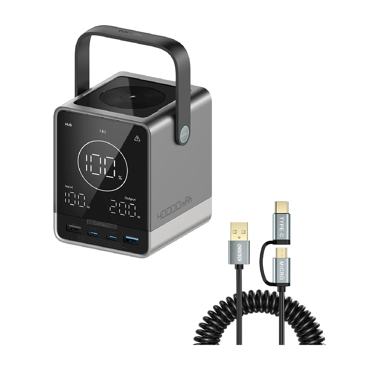 پاوربانک کاکتک مدل P01 No.30 ظرفیت 40000 میلی‌ آمپر ساعت توان 300 وات همراه با کابل چویتک-خاکستری