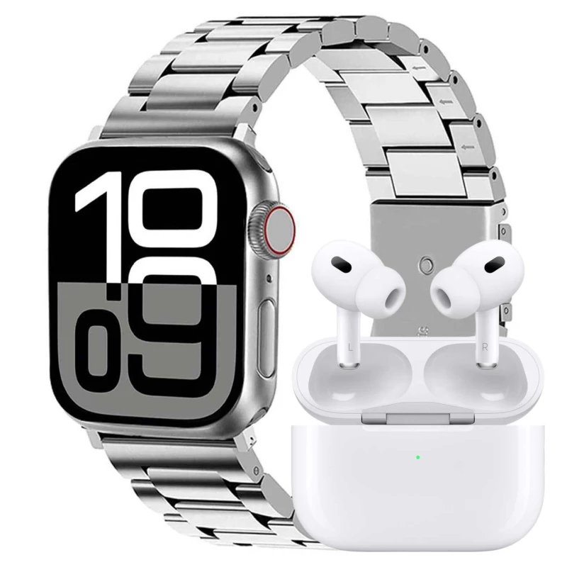 ساعت هوشمند ورنا مدل W46 Max مجموعه هفت بندی به همراه هندزفری ایرپاد پرو-بدنه مشکی بند مشکی