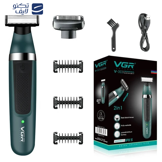 ست ماشین اصلاح موی صورت و بدن وی جی ار مدل 393، اصلاح به صورت فویلی، ضد آب، ضد حساسیت، تکنولوژی اصلاح به صورت برش مستقیم، مدت زمان شارژ 90 دقیقه و مدت زمان استفاده پس از شارژ 90 دقیقه