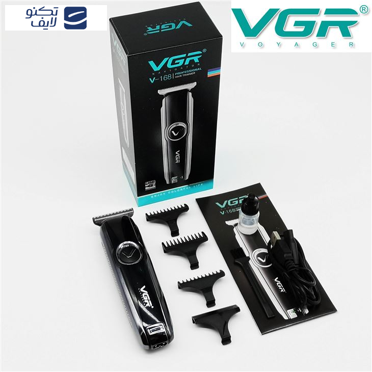 ماشین اصلاح موی بدن و صورت وی جی آر مدل V-168، اصلاح به صورت صفر زن و خط زن، قابلیت تنظیم سرعت، منبع انرژی با باتری، تکنولوژی اصلاح به صورت برش مستقیم، مدت زمان شارژ 480 دقیقه و مدت زمان استفاده پس از شارژ 60 دقیقه، به همراه برس تمیزکننده و کابل USB