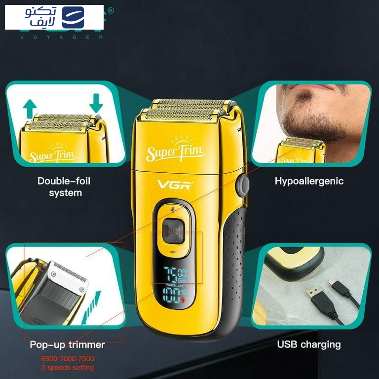 ماشین اصلاح موی صورت وی جی ار مدل V_332، اصلاح به صورت فویلی، صفر زن، منبع انرژی باتری قابل شارژ، تکنولوژی اصلاح به صورت برش چرخشی، به همراه برس تمیزکننده، جنس تیغه از استیل ضد زنگ