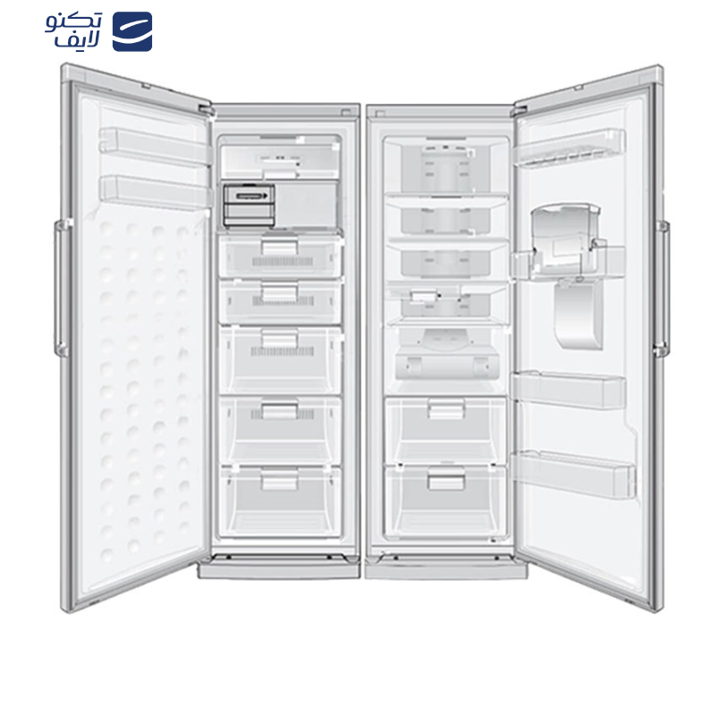 یخچال فریزر دوقلو 40 فوت سام مدل RR65-RZ65/W، دارای اخطار باز ماندن درب، با ارتفاع 180، پهنای 120 و عمق 68.4 سانتی‌متر، کیزان مصرف انرژی A، دارای 5 طبقه در یخچال و 5 کشو در فریزر، دارای سیستم نوفراست