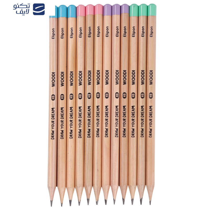 مداد مشکی الیپون مدل چوبی شش گوش کد 8110201 بسته 12 عددی 