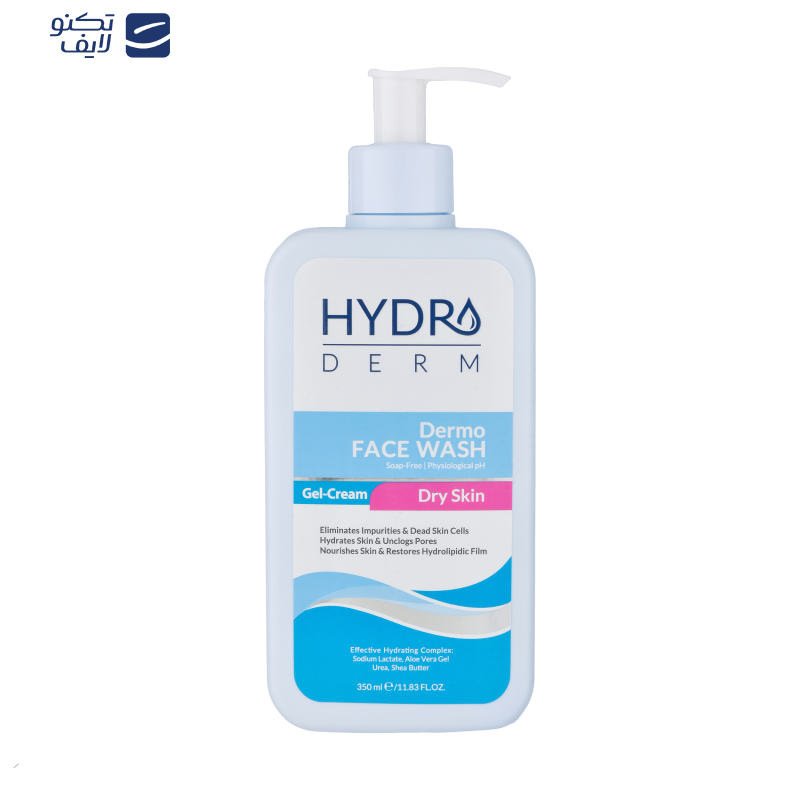 کرم ژل شستشو صورت هیدرودرم، سازگار با پوست‌های خشک و حساس، با خاصیت پاک کننده آلودگی و سلول‌های مرده پوست، آب‌رسان، بازکننده منافذ پوست، متعادل کننده چربی پوست، بدون صابون، دارای ژل آلوئه‌ورا، اوره، شی باتر، سدیم لاکتات، حجم 350 میلی‌لیتر، مدل Dermo