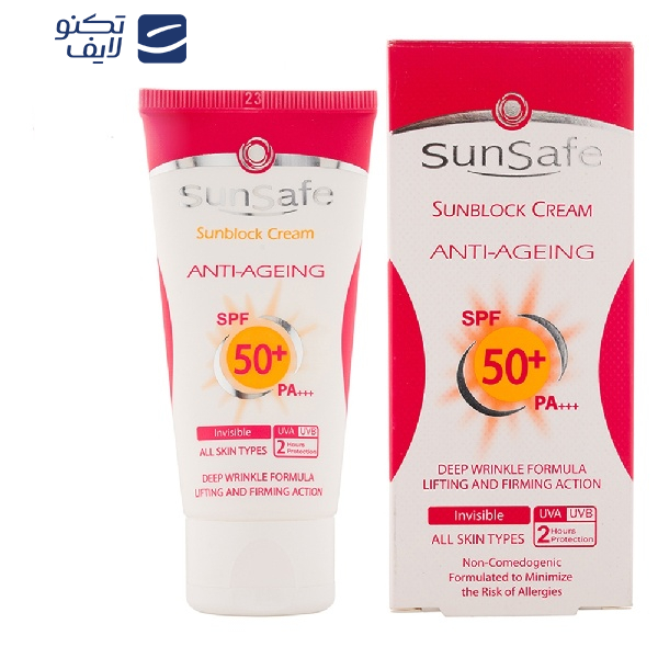 کرم ضد آفتاب بدون رنگ سان سیف spf 50 مدل ANTI AGEING مناسب برای انواع پوست حجم 50 میلی لیتر