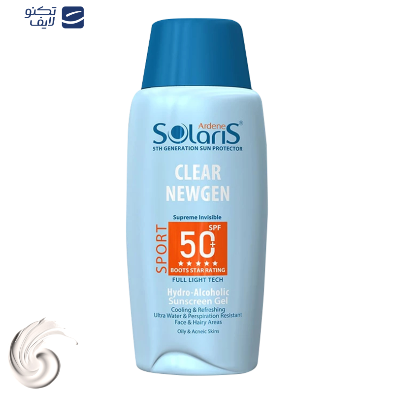 ژل ضدآفتاب بی‌رنگ آردن سولاریس SPF50 مدل Clear Newgen، مناسب پوست‌های چرب، حجم 100 میلی‌لیتر