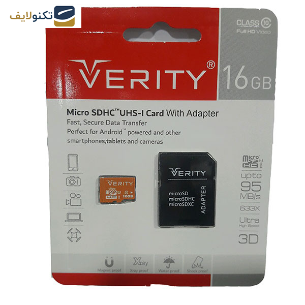 کارت حافظه micro SDHC وریتی مدل high speed کلاس 10 استاندارد UHS-IU1 سرعت 95MBps ظرفیت 16 گیگابایت به همراه آداپتور SD