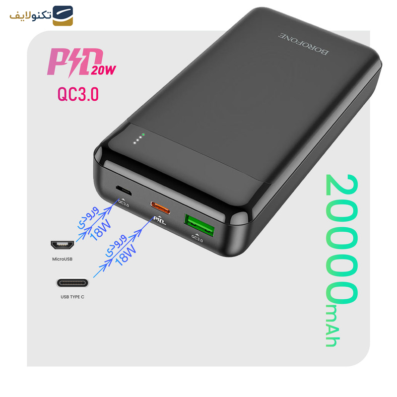 پاوربانک بروفون مدل BJ19A 20WPD+QC3.0 ظرفیت 20000 میلی‌ آمپر ساعت
