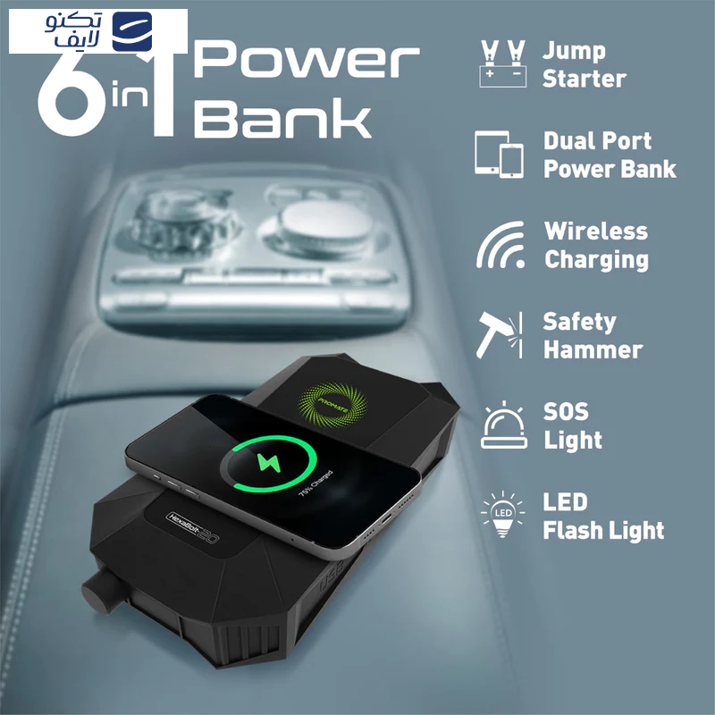 جامپ استارتر خودرو و پاوربانک پرومیت مدل HEXABOLT-20 ظرفیت 19200 میلی آمپر ساعت