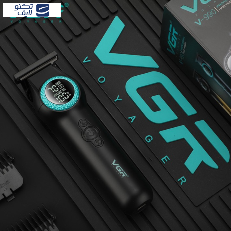 ماشین اصلاح موی سر و صورت وی جی ار مدل V-990،  تکنولوژی اصلاح به صورت تریمر، به همراه کابل شارژ USB، برس تمیزکننده، روغن، 3 عدد شانه، با عملکرد توربو، نمایش وضعیت باتری