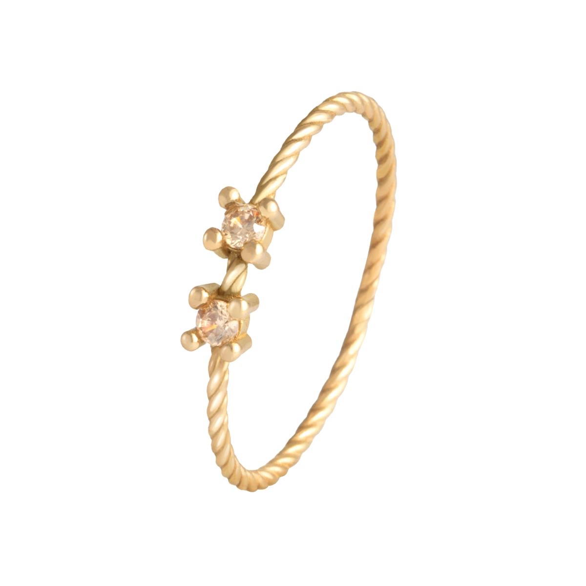 انگشتر طلای زنانه 18 عیار بان گالری مدل طنابی دو نگین شامپاینی