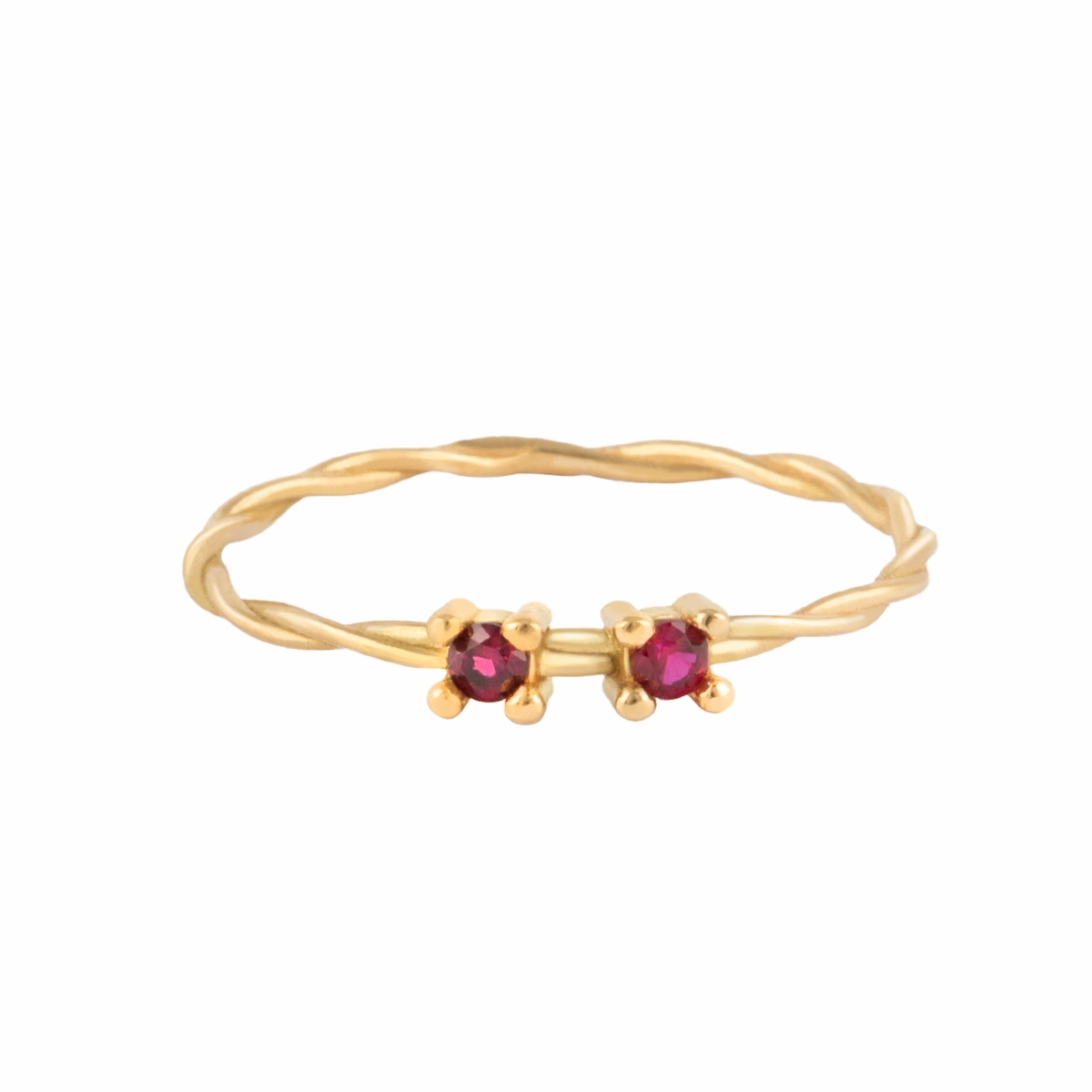 انگشتر طلای زنانه 18 عیار بان گالری مدل سبک طنابی دو نگین اناری