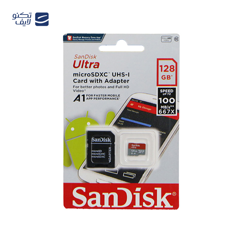 کارت حافظه microSDXC سن دیسک مدل Ultra A1 کلاس 10 استاندارد UHS-I U1 سرعت 100MBps ظرفیت 128 گیگابایت