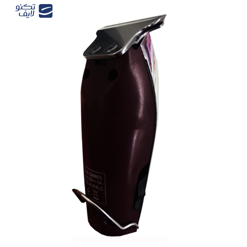 ماشین اصلاح موی سر و صورت جیمی مدل GM 855، اصلاح به صورت خط‌زن، منبع انرژی برق، تکنولوژی اصلاح به صورت برش مستقیم، اندازه اصلاح 0.4 میلی‌متر، مدت زمان شارژ 120 دقیقه و مدت زمان استفاده پس از شارژ 120 دقیقه، قابلیت تنظیم سرعت، سری قابل شست‌وشو