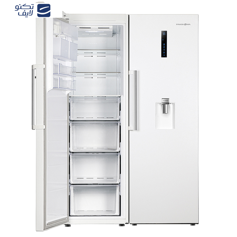 یخچال و فریزر دوقلو 40 فوت پاکشوما مدل RTRA-RTFA۹۰۱iW (N۲)، دارای نمایشگر و بدون برفک، با ارتفاع 187، پهنای 118 و عمق 73 سانتی‌متر، میزان مصرف انرژی A+، دارای 5 طبقه در یخچال و 4 کشو در فریزر، دارای سیستم نوفراست