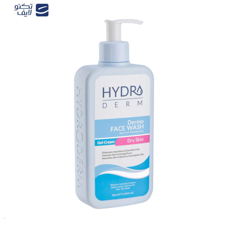 کرم ژل شستشو صورت هیدرودرم، سازگار با پوست‌های خشک و حساس، با خاصیت پاک کننده آلودگی و سلول‌های مرده پوست، آب‌رسان، بازکننده منافذ پوست، متعادل کننده چربی پوست، بدون صابون، دارای ژل آلوئه‌ورا، اوره، شی باتر، سدیم لاکتات، حجم 350 میلی‌لیتر، مدل Dermo