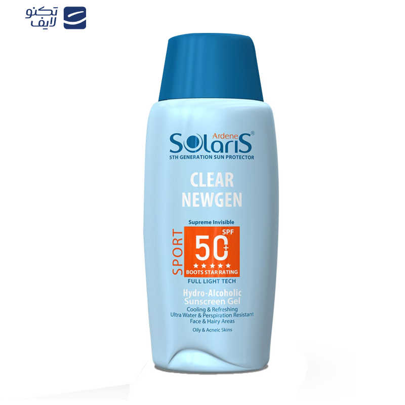 ژل ضدآفتاب بی‌رنگ آردن سولاریس SPF50 مدل Clear Newgen، مناسب پوست‌های چرب، حجم 100 میلی‌لیتر