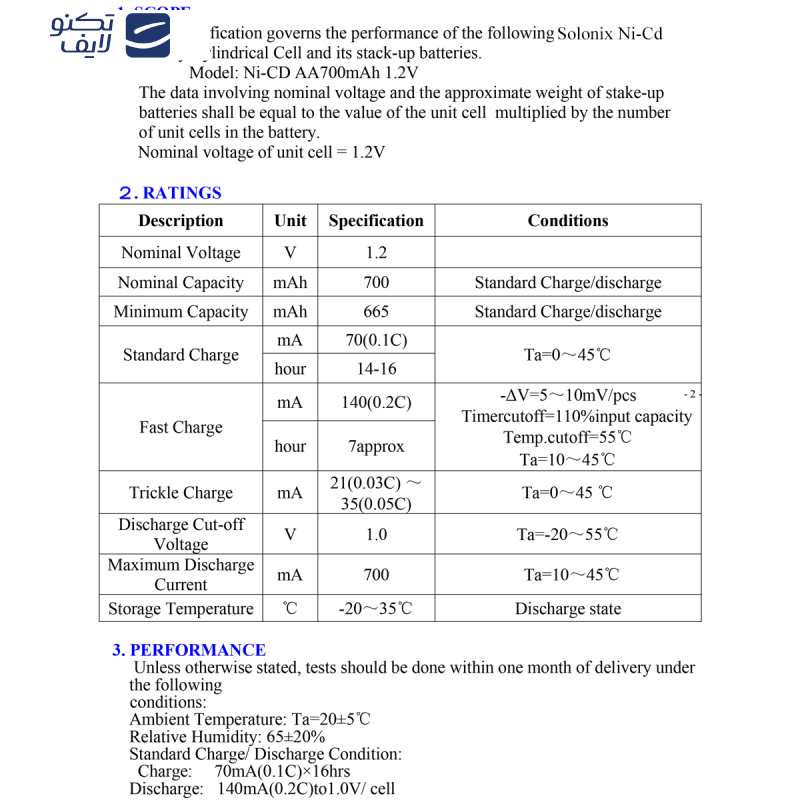  باتری شارژی قلمی سولونیکس مدل صنعتی Ni-Cd مجموعه 2 عددی