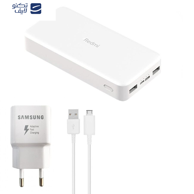 پاوربانک شیائومی مدل Redmi PB200LZM ظرفیت 20000 میلی آمپرساعت به همراه شارژر دیواری سامسونگ و کابل تبدیل پاوربانک شیائومی مدل Redmi PB200LZM ظرفیت 20000 میلی آمپرساعت به همراه شارژر دیواری سامسونگ و کابل تبدیل