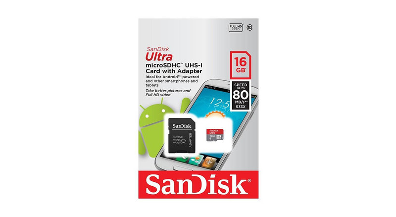 کارت حافظه microSDHC سن دیسک مدل Ultra کلاس 10 استاندارد UHS-I U1 سرعت 80MBps همراه با آداپتور ظرفیت 16 گیگابایت