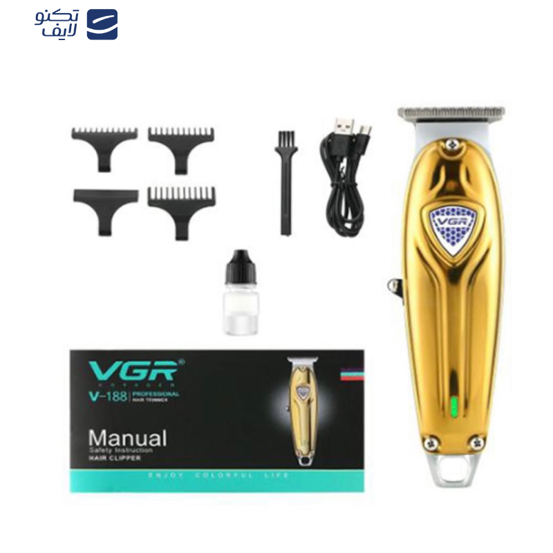 ماشین اصلاح موی صورت و بدن وی جی ار مدل V-188، منبع انرژی با کابل USB، تکنولوژی اصلاح به صورت برش مستقیم، اندازه اصلاح 0.2 تا 12 میلی‌متر، مدت زمان شارژ 150 دقیقه و مدت زمان استفاده پس از شارژ 240 دقیقه، به همراه برس تمیزکننده، روغن و 4 عدد شانه