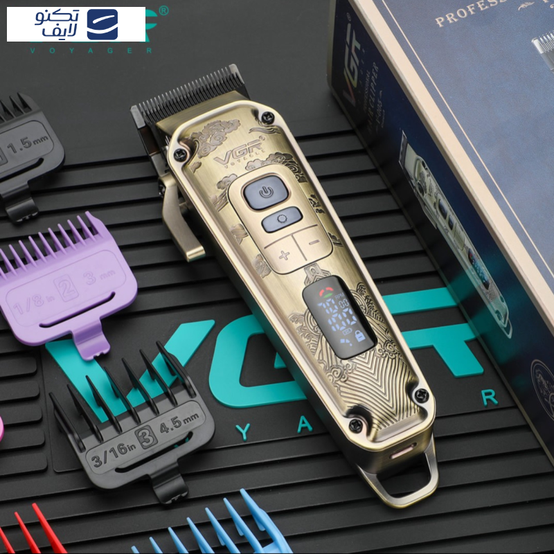 ماشین اصلاح موی سر و صورت وی جی ار مدل V-005، اصلاح به صورت ، منبع انرژی با کابل USB، تکنولوژی اصلاح به صورت برش مستقیم، مدت زمان شارژ 230 دقیقه و مدت زمان استفاده پس از شارژ 250 دقیقه، به همراه برس تمیزکننده، 8 عدد شانه، روغن، با قابلیت تنظیم سرعت