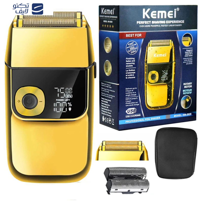 ماشین اصلاح موی سر و صورت کیمی مدل 2028، اصلاح به صورت خط زن، منبع انرژی با برق، تکنولوژی اصلاح به صورت برش مستقیم، مدت زمان شارژ 120 دقیقه و مدت زمان استفاده پس از شارژ 120 دقیقه، دارای نمایشگر دیجیتال برای میزان شارژ و سرعت، به همراه برس تمیزکننده