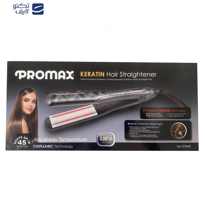 اتو مو پرومکس مدل 5764K، با صفحات پهن از جنس سرامیک، دارای نشانگر LED، گستره دما 220 تا 240 درجه سانتی‌گراد، به همراه سیم 3 متری