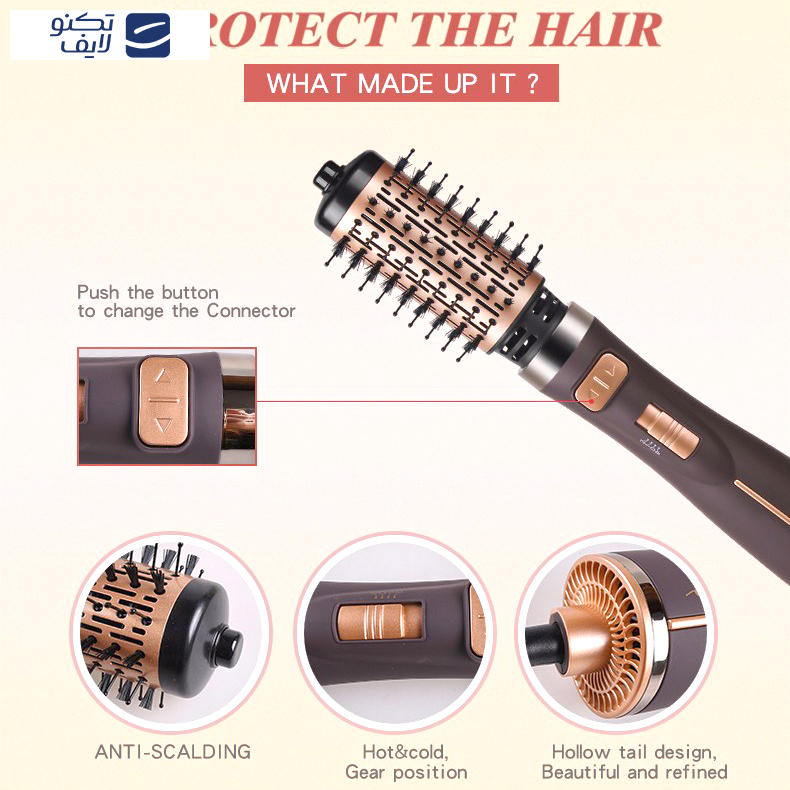 سشوار برس‌دار چرخشی حرفه‌ای انزو مدل EN-743، موتور DC با توان مصرفی 1500 وات، دارای قابلیت تعویض سری، باد سرد، با حالت صاف‌کننده و حجم‌دهنده، وزن 700 گرم، تنظیم حرارت 2 حالته و کنترل سرعت 2 حالته، به همراه 2 سری برس‌دار